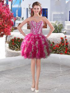 Sweetheart Sleeveless Dress for Prom Mini Length Beading and Ruffles Fuchsia Organza