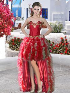 Luxurious Red Ball Gowns Appliques and Ruffles Prom Dresses Lace Up Organza Sleeveless High Low