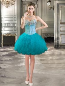Teal Tulle Lace Up Sweetheart Sleeveless Mini Length Prom Dresses Beading and Ruffles