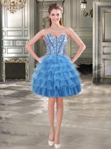 Designer Blue Sweetheart Lace Up Beading and Ruffled Layers Prom Party Dress Sleeveless
