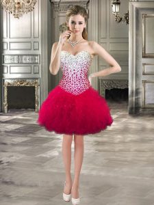 Hot Pink Tulle Lace Up Sweetheart Sleeveless Mini Length Prom Party Dress Beading and Ruffles