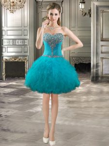 Lovely Teal Sleeveless Beading and Ruffles Mini Length Prom Evening Gown