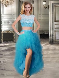 Customized Scoop Teal Cap Sleeves Beading and Ruffles High Low Dress for Prom