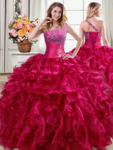 Wonderful One Shoulder Floor Length Lace Up Sweet 16 Dresses Fuchsia for Military Ball and Sweet 16 and Quinceanera with