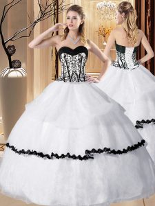 Pretty Sleeveless Floor Length Embroidery and Ruffled Layers Lace Up Sweet 16 Quinceanera Dress with White