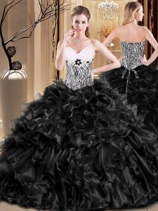 Sleeveless Floor Length Ruffles Lace Up Quinceanera Dress with Black