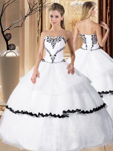 White Organza Lace Up Sweetheart Sleeveless Floor Length Sweet 16 Dress Beading and Embroidery