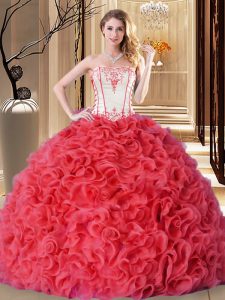 Lovely Coral Red Ball Gowns Fabric With Rolling Flowers Strapless Sleeveless Embroidery and Ruffles Floor Length Lace Up
