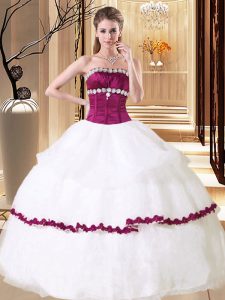 Fitting White Ball Gowns Strapless Sleeveless Organza Floor Length Lace Up Beading 15 Quinceanera Dress