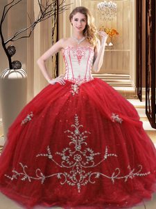 Red Sleeveless Embroidery Floor Length 15 Quinceanera Dress