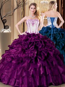 Sweet Strapless Sleeveless Quinceanera Dress Floor Length Pick Ups Purple Organza