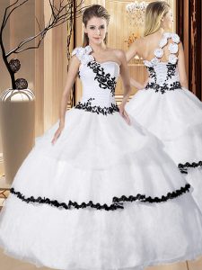 High Class White Organza Lace Up One Shoulder Sleeveless Floor Length Ball Gown Prom Dress Appliques and Hand Made Flowe