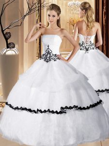 Floor Length White Quince Ball Gowns Organza Sleeveless Appliques and Ruffled Layers