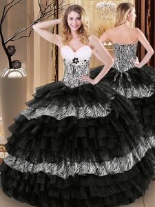 Elegant Printed Sleeveless Floor Length Ruffled Layers and Pattern Lace Up 15th Birthday Dress with Black