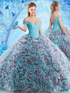 Elegant Multi-color Backless Off The Shoulder Beading and Appliques and Ruffles Quinceanera Gowns Fabric With Rolling Fl