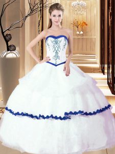 Luxurious Floor Length White Sweet 16 Dresses Organza Sleeveless Embroidery and Ruffled Layers