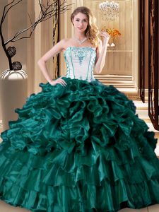 Sophisticated Turquoise Strapless Neckline Ruffles and Ruffled Layers 15 Quinceanera Dress Sleeveless Lace Up