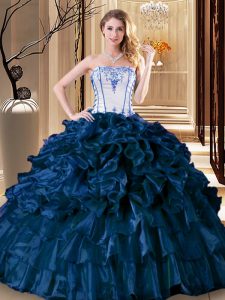 Edgy Navy Blue Organza Lace Up Strapless Sleeveless Floor Length Sweet 16 Dress Pick Ups