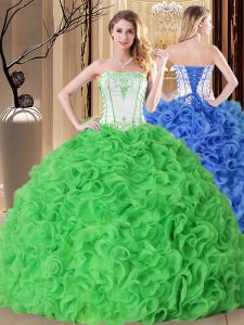 On Sale Fabric With Rolling Flowers Strapless Sleeveless Lace Up Embroidery and Ruffles Sweet 16 Quinceanera Dress in