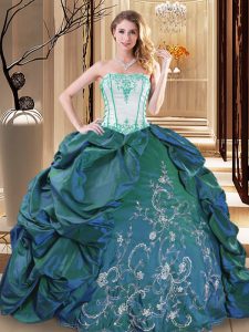Edgy Turquoise Ball Gowns Strapless Sleeveless Taffeta Floor Length Lace Up Embroidery and Pick Ups Quince Ball Gowns