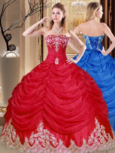 Sweetheart Sleeveless Quinceanera Dresses Floor Length Appliques and Pick Ups Coral Red Tulle