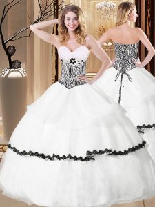Excellent Sleeveless Organza Floor Length Lace Up Sweet 16 Dress in White with Ruffled Layers and Pattern