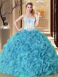 Aqua Blue Ball Gowns Strapless Sleeveless Fabric With Rolling Flowers Floor Length Lace Up Embroidery and Ruffles Sweet 