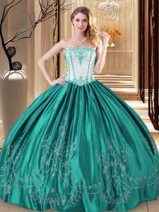 Turquoise Taffeta Lace Up Strapless Sleeveless Floor Length Vestidos de Quinceanera Embroidery