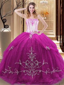 Trendy Fuchsia Ball Gowns Tulle Strapless Sleeveless Embroidery Floor Length Lace Up Sweet 16 Dresses