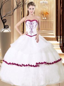 Organza Sweetheart Sleeveless Lace Up Embroidery and Ruffled Layers Quince Ball Gowns in White