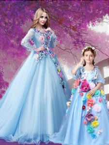 Baby Blue Long Sleeves Organza Sweep Train Lace Up Ball Gown Prom Dress for Sweet 16 and Quinceanera
