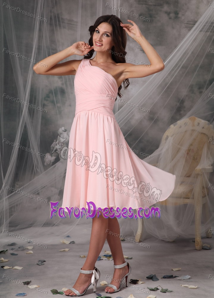 Custom One Shoulder Chiffon Empire Quince Dama Dresses in Baby Pink