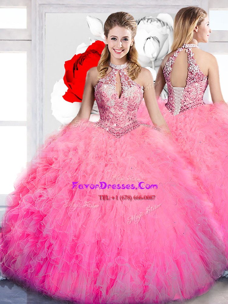 Unique Halter Top Hot Pink Tulle Lace Up Quinceanera Dress Sleeveless ...